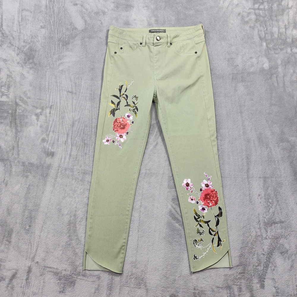 Kate‎ & Mallory Jeans Womens M Green Floral Slim Crop Ankle Step Raw Hem Stretch